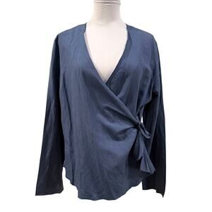 J.Jill Blue Wrap Long Sleeve V Neck Blouse Linen Blend Medium Chic Work Casual